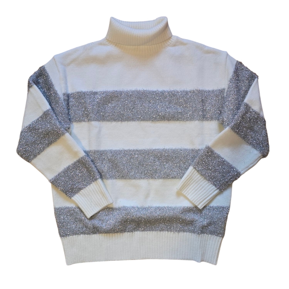 AMI Paris Funnel Neck Lurex-Striped White and Silver Sweater Size Small - Picture 3 of 11